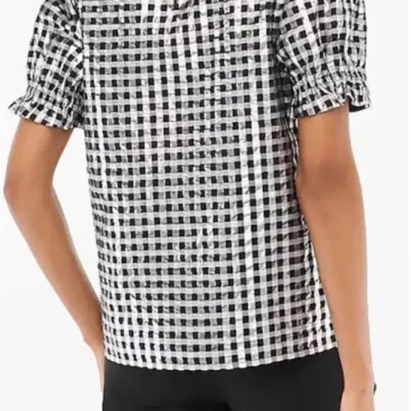 J. Crew Black Silver Gingham Check Metallic Puffy Sleeves Blouse Top Size L - Picture 2 of 5
